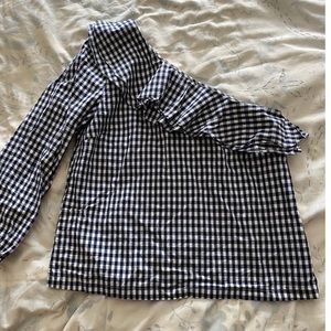 J Crew Blue and White Checkered One Shoulder Top